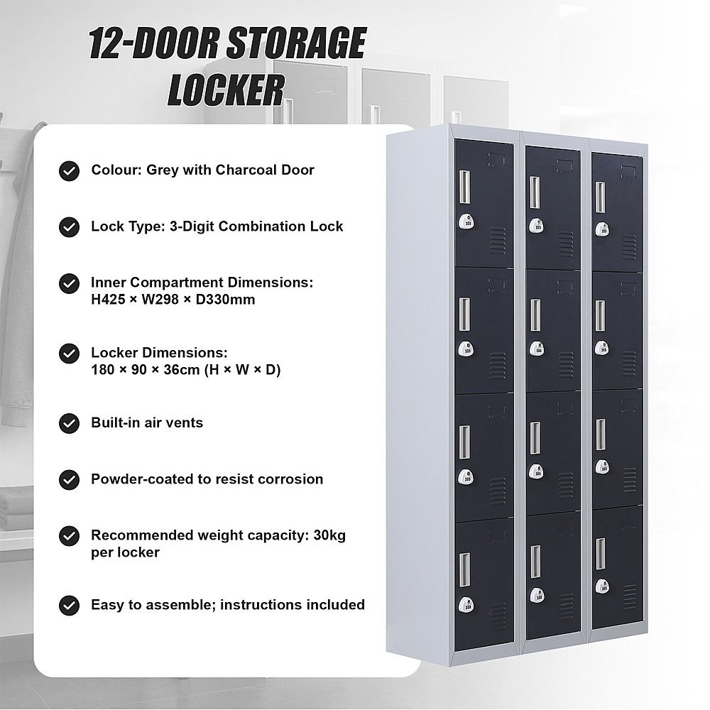 12-Door Steel Locker – Grey with Charcoal Door, 3-Digit Combination Lock
