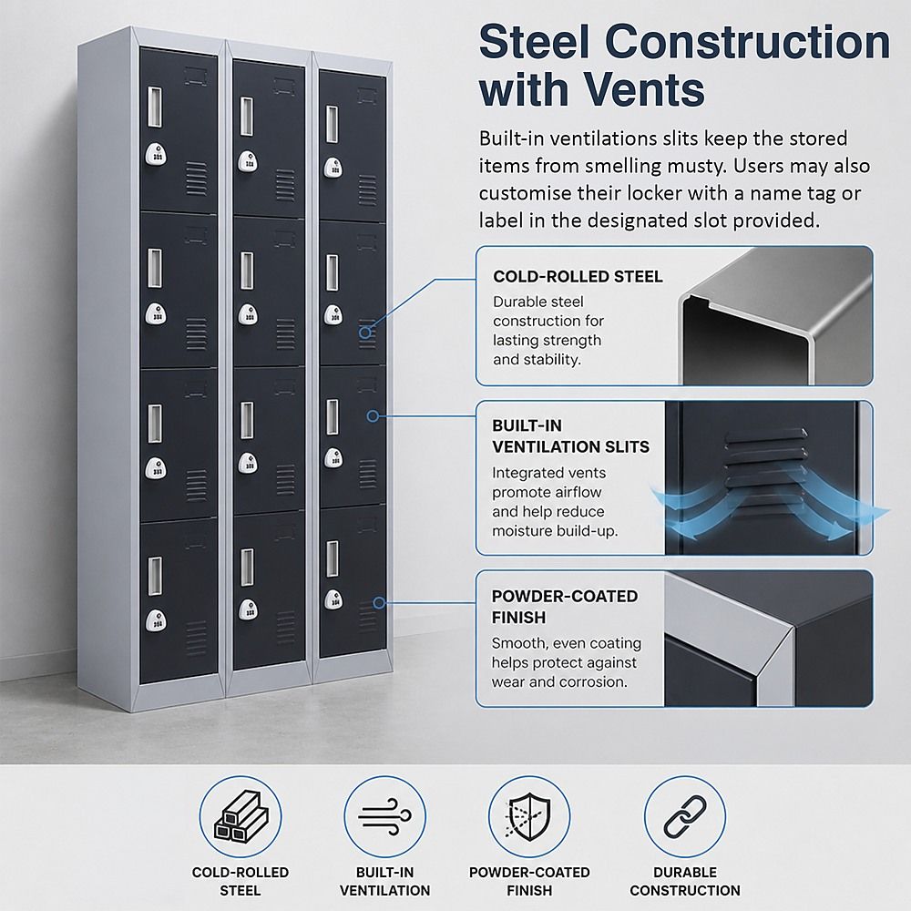 12-Door Steel Locker – Grey with Charcoal Door, 3-Digit Combination Lock
