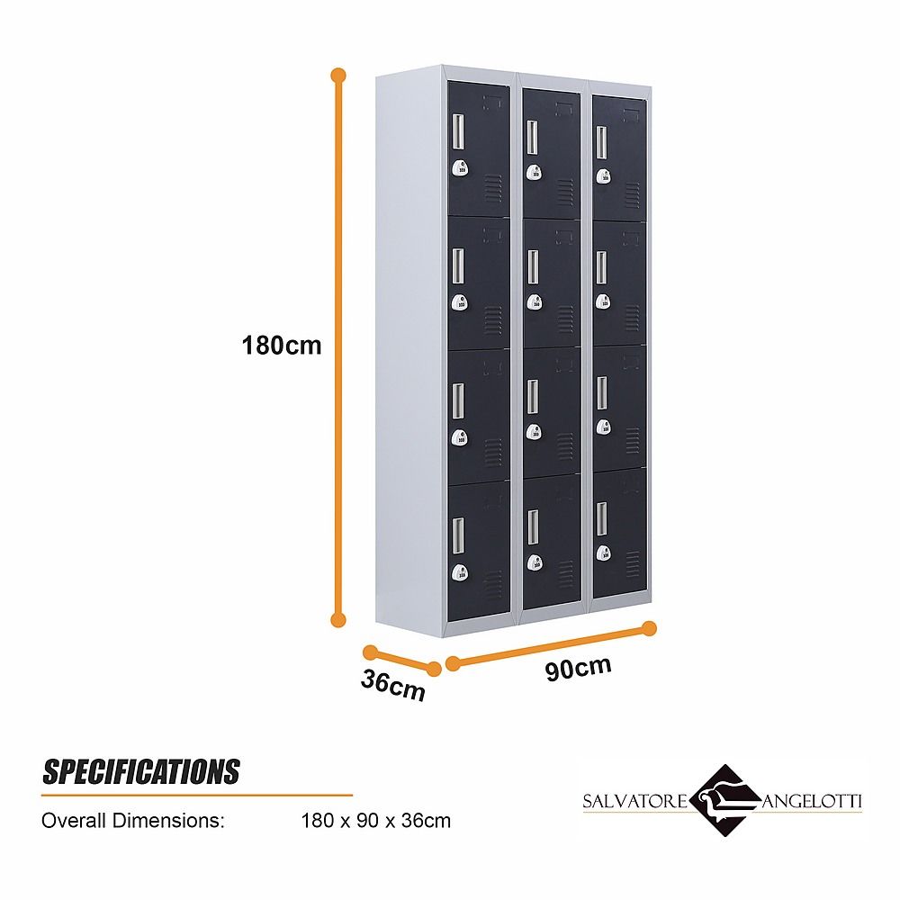 12-Door Steel Locker – Grey with Charcoal Door, 3-Digit Combination Lock