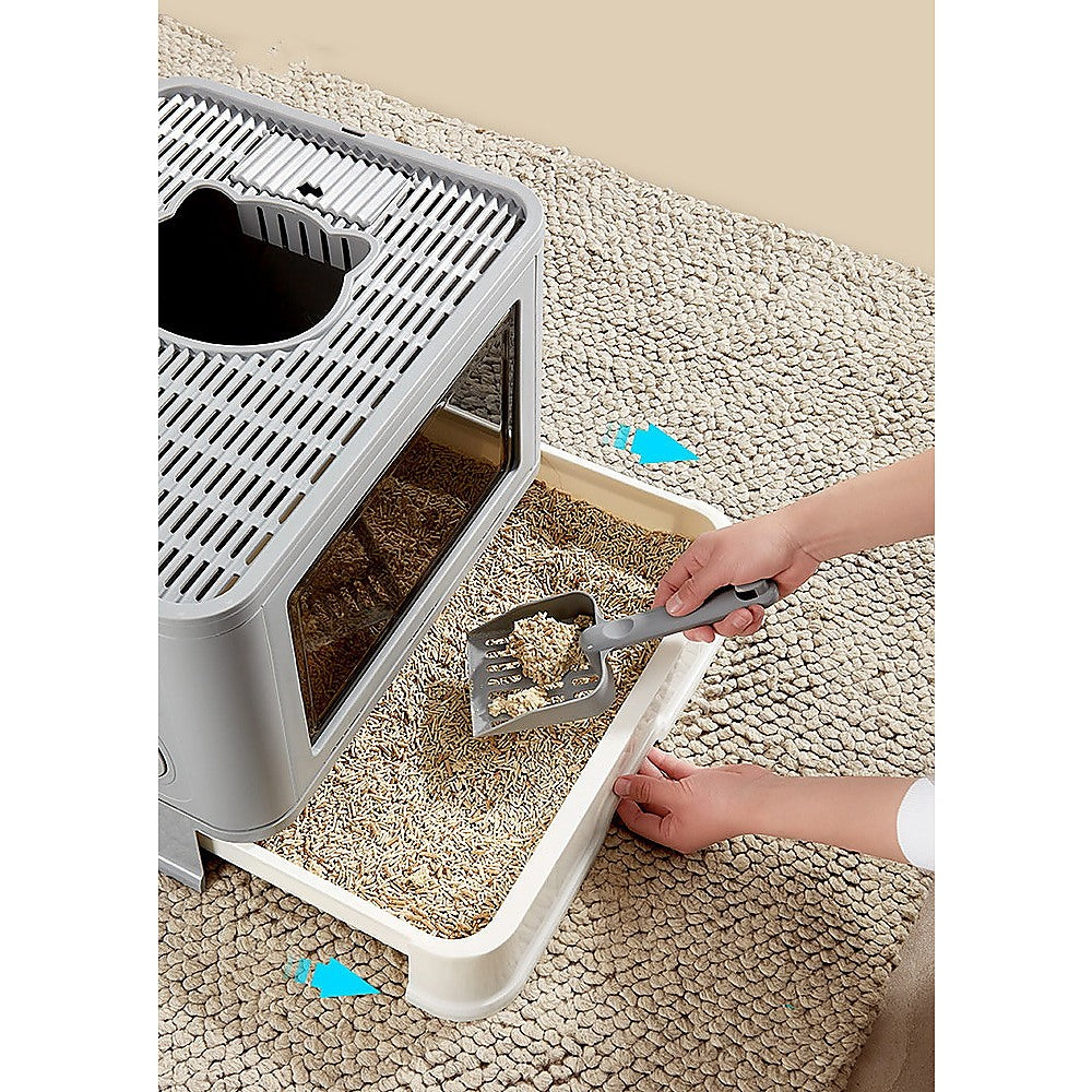 Jumbo Hooded Cat Litter Box Tray for Large Cats with Hair Grooming