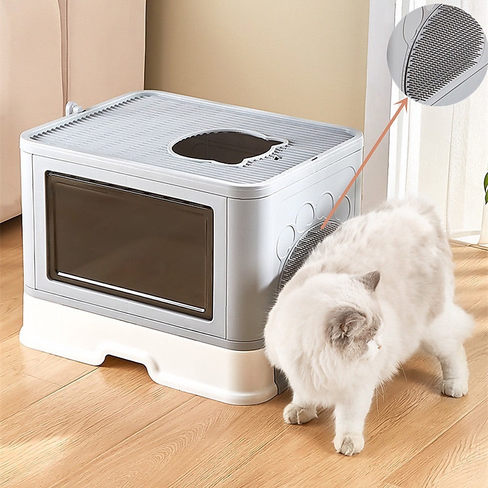 Jumbo Hooded Cat Litter Box Tray for Large Cats with Hair Grooming