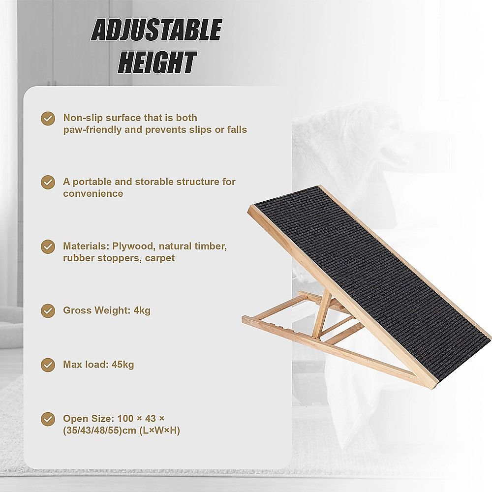Dog Pet Ramp Foldable Adjustable Height Stair for Bed Sofa Car - 100cm