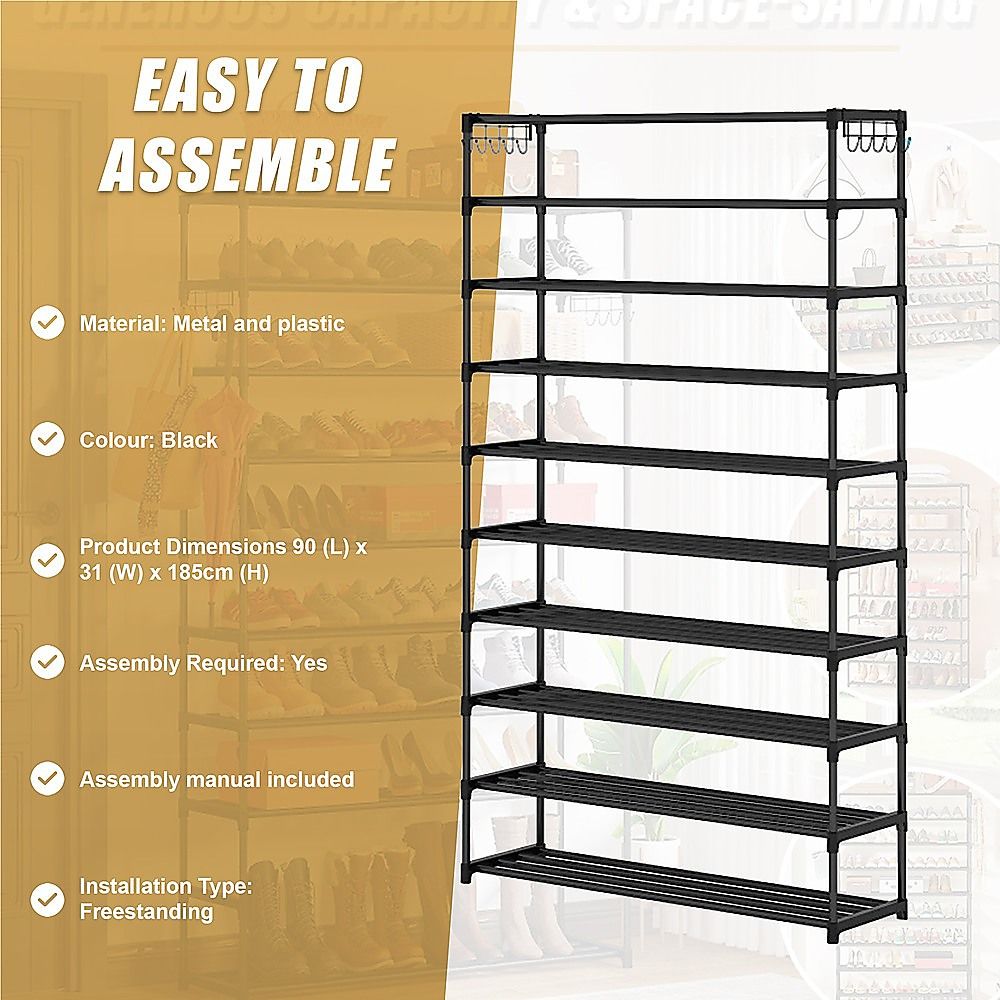 Shoe Rack - 10 Tier Black Metal Organizer 50-Pair Large Capacity Storage
