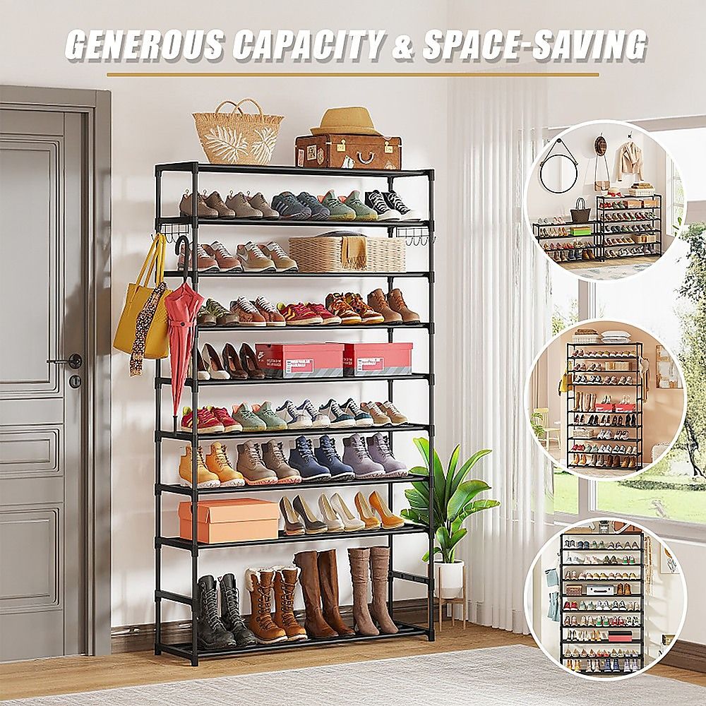 Shoe Rack - 10 Tier Black Metal Organizer 50-Pair Large Capacity Storage