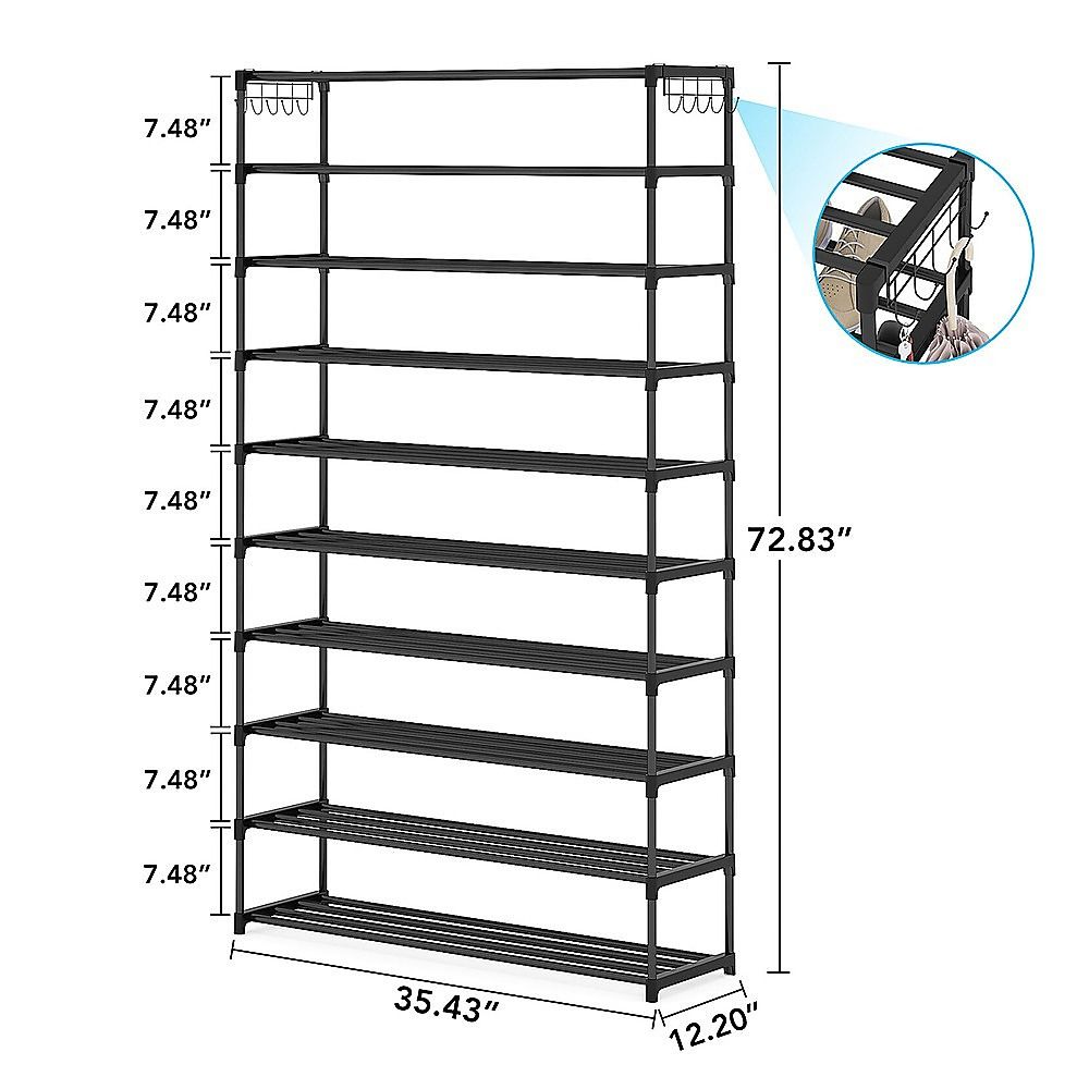 Shoe Rack - 10 Tier Black Metal Organizer 50-Pair Large Capacity Storage