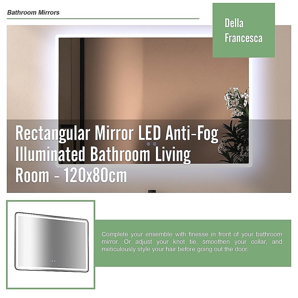 Rectangular Mirror LED Anti-Fog Illuminated Bathroom Living Room - 120x80cm