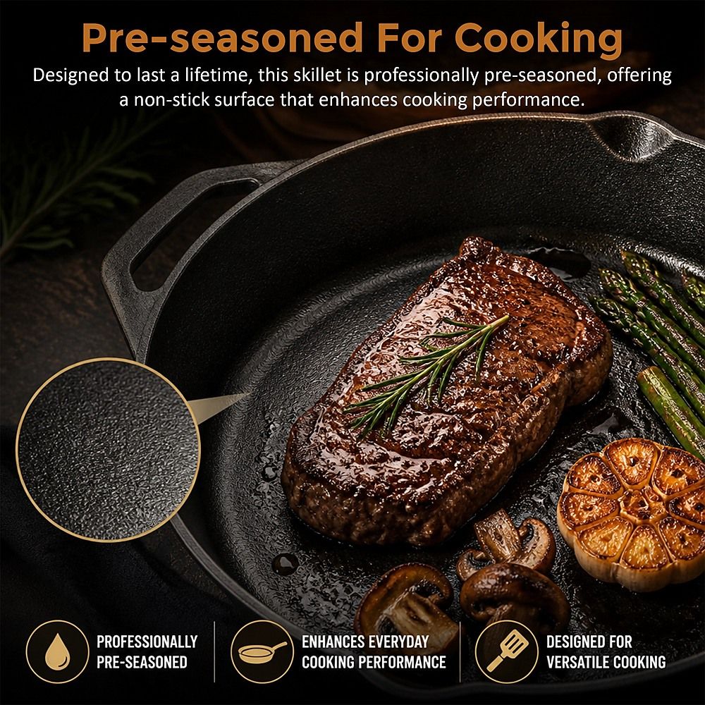Frying Pan Non-Stick Cast Iron Steak Skillet Round BBQ Grill Cookware - 30cm