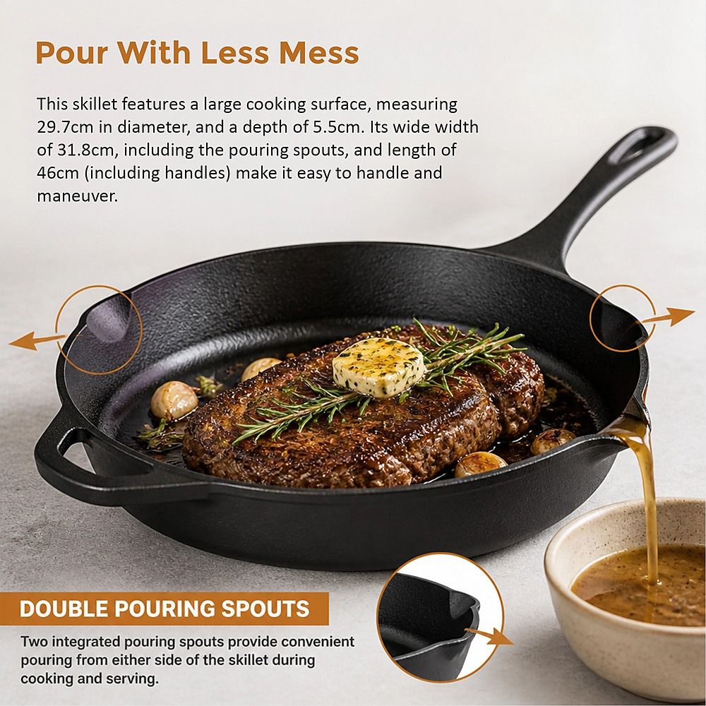 Frying Pan Non-Stick Cast Iron Steak Skillet Round BBQ Grill Cookware - 30cm