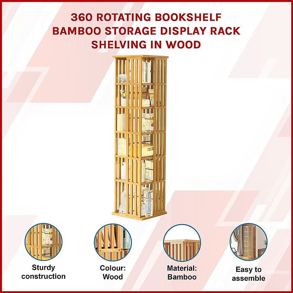 Bookshelf Bamboo 360 Rotating Storage Display Rack Wood