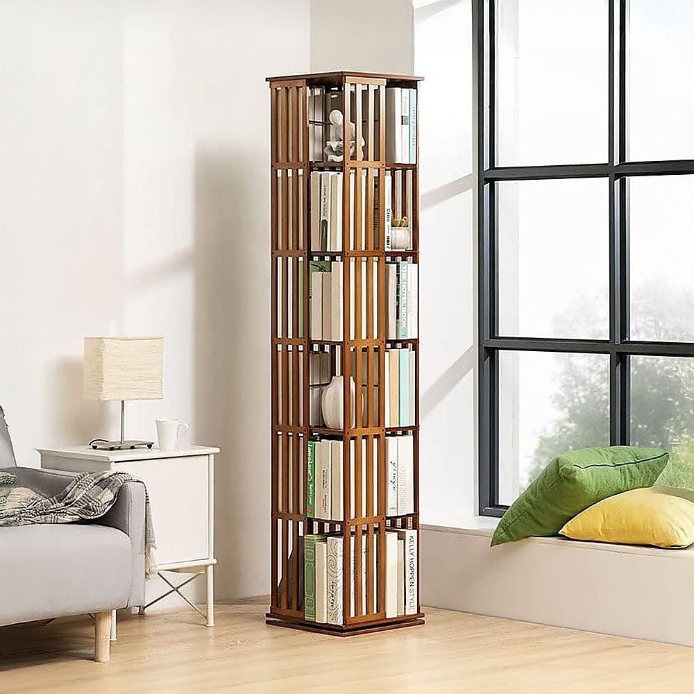 Bookshelf Bamboo 360 Rotating Storage Display Rack Dark Wood