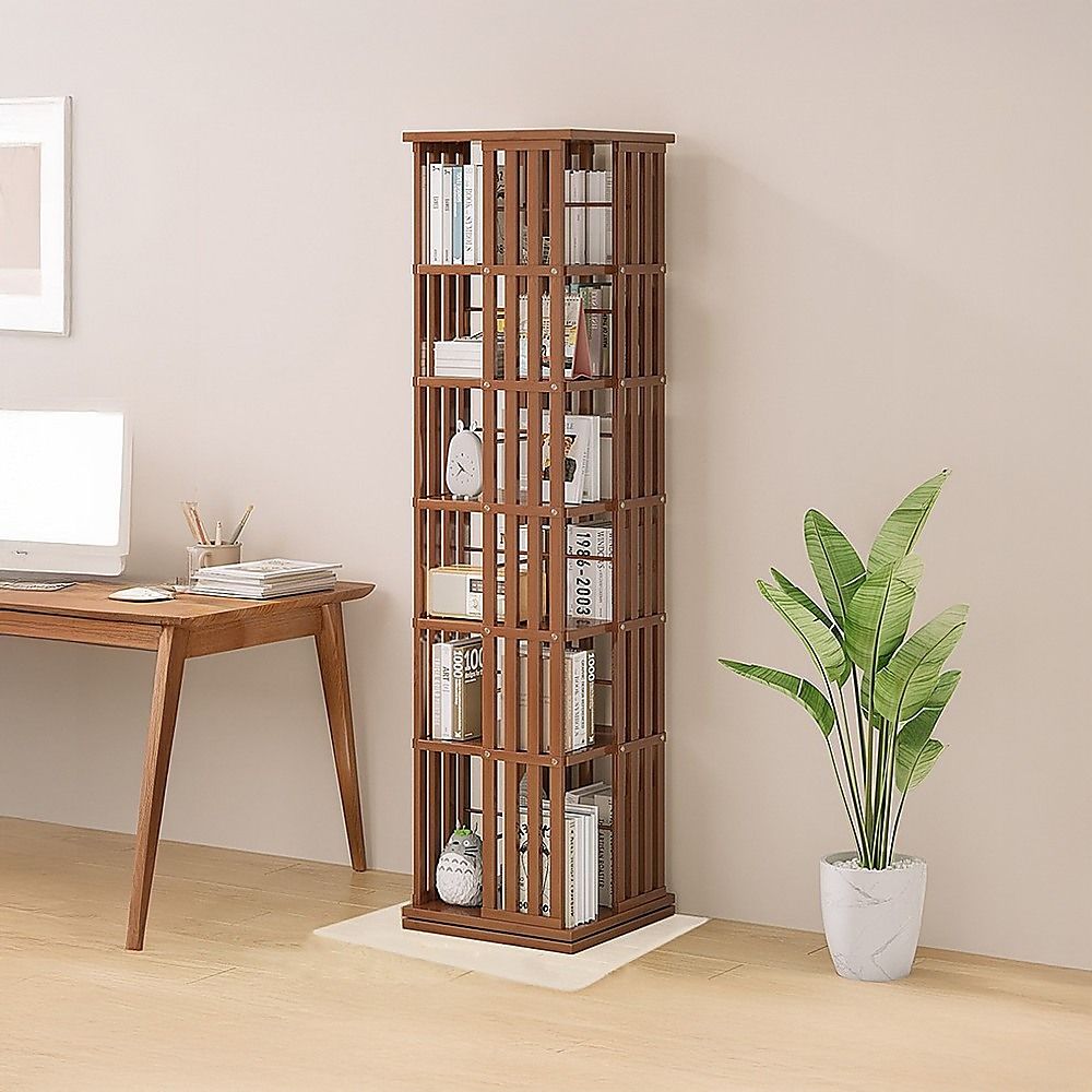 Bookshelf Bamboo 360 Rotating Storage Display Rack Dark Wood