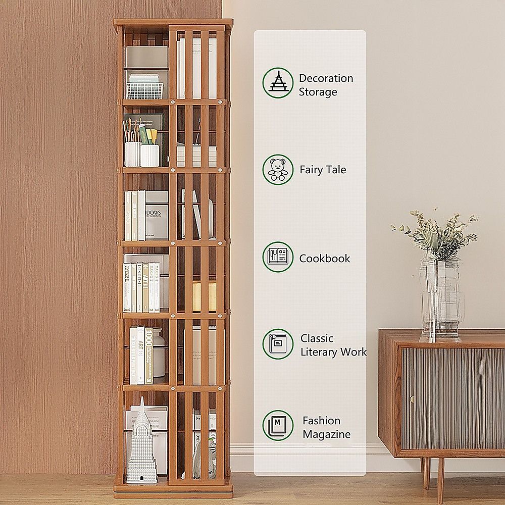 Bookshelf Bamboo 360 Rotating Storage Display Rack Dark Wood