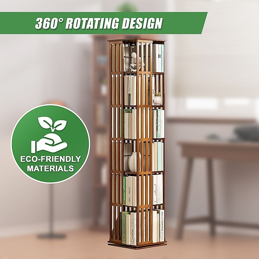Bookshelf Bamboo 360 Rotating Storage Display Rack Dark Wood