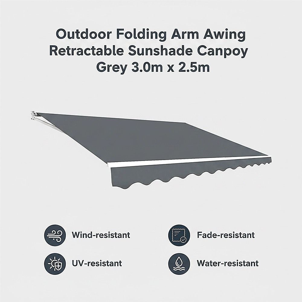 Outdoor Awning Folding Arm Retractable Sunshade Canopy 3.0m x 2.5m Grey