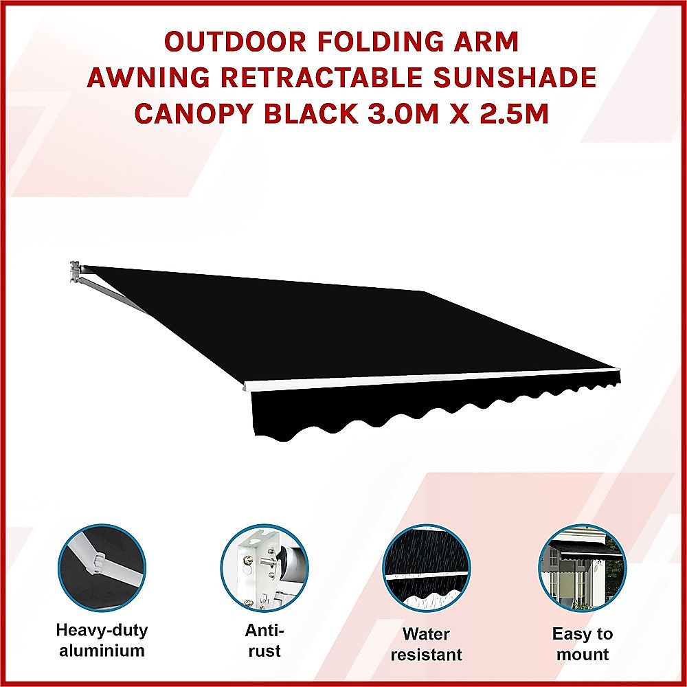 Outdoor Awning Folding Arm Retractable Sunshade Canopy 3.0m x 2.5m Black