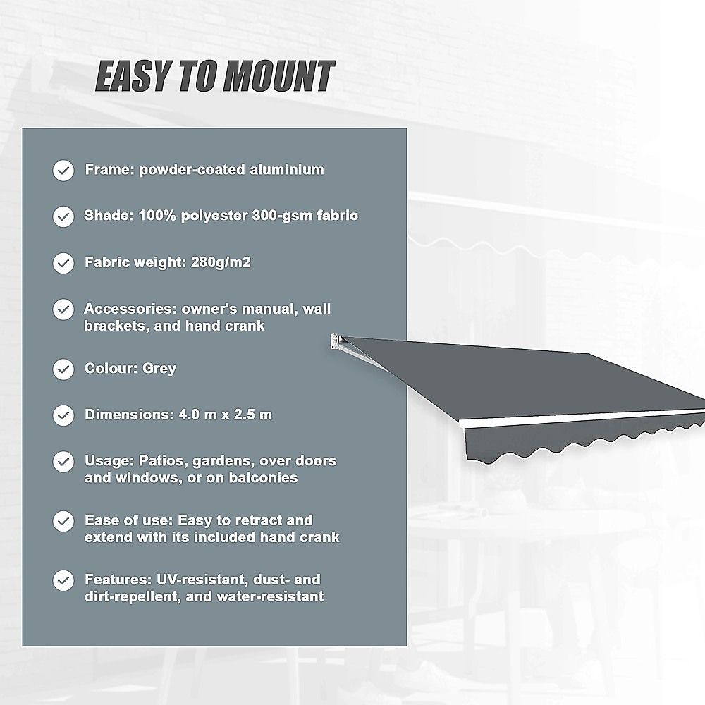 Outdoor Awning Folding Arm Retractable Sunshade Canopy 4.0m x 2.5m Grey