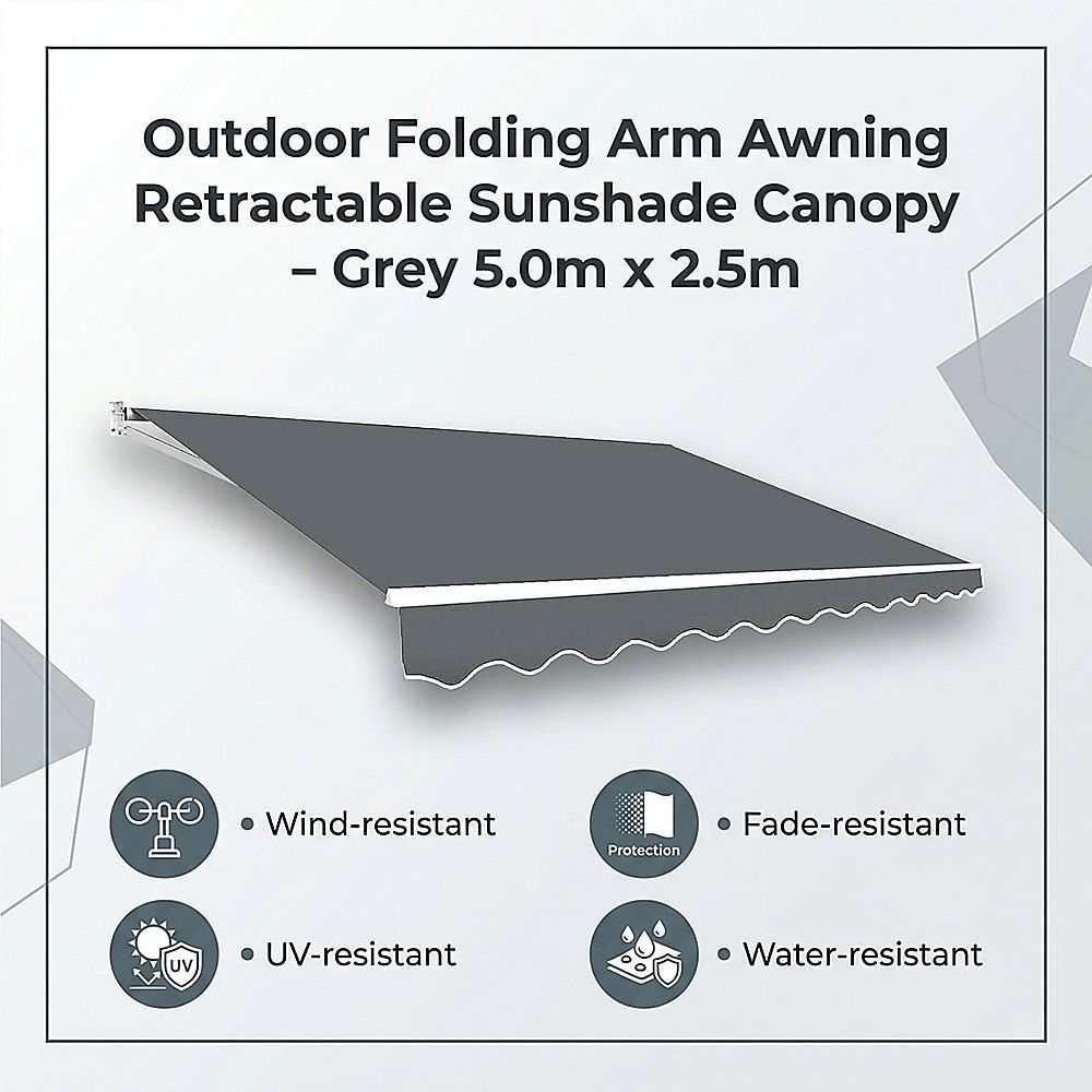 Outdoor Awning Folding Arm Retractable Sunshade Canopy 5.0m x 2.5m Grey