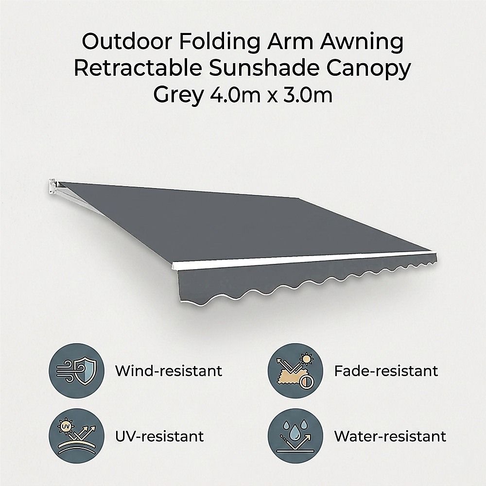 Outdoor Awning Folding Arm Retractable Sunshade Canopy 4.0m x 3.0m Grey