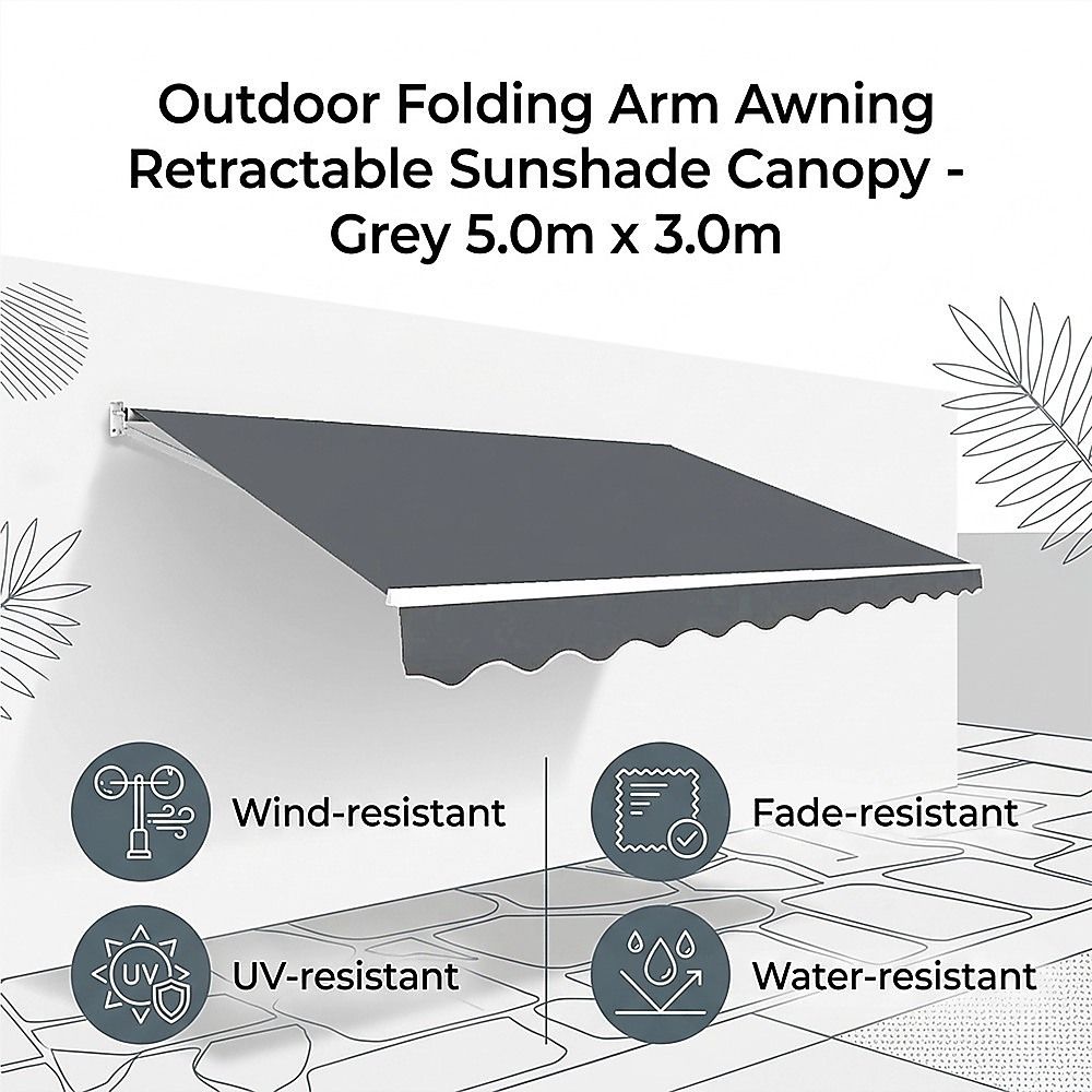Outdoor Awning Folding Arm Retractable Sunshade Canopy 5.0m x 3.0m Grey