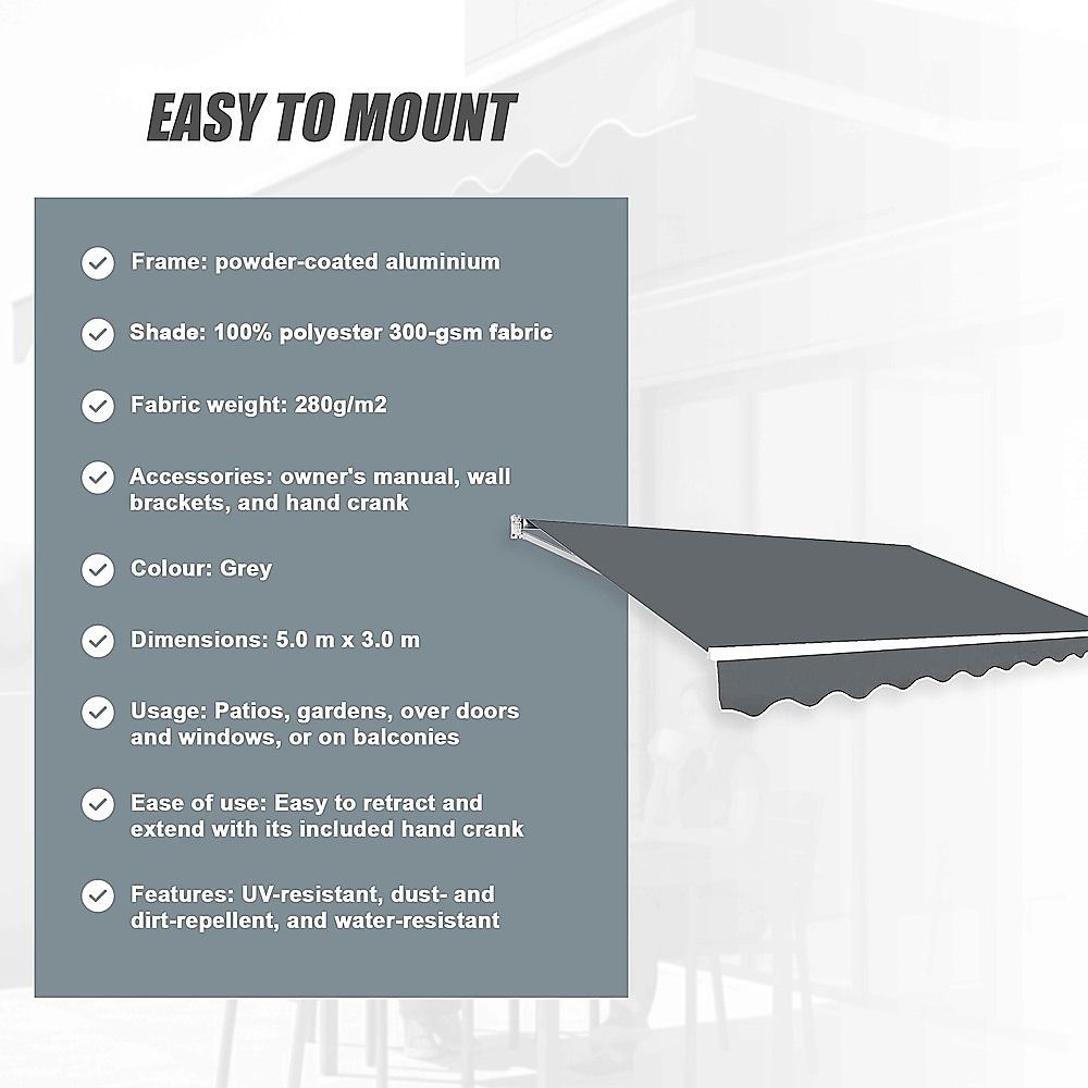 Outdoor Awning Folding Arm Retractable Sunshade Canopy 5.0m x 3.0m Grey