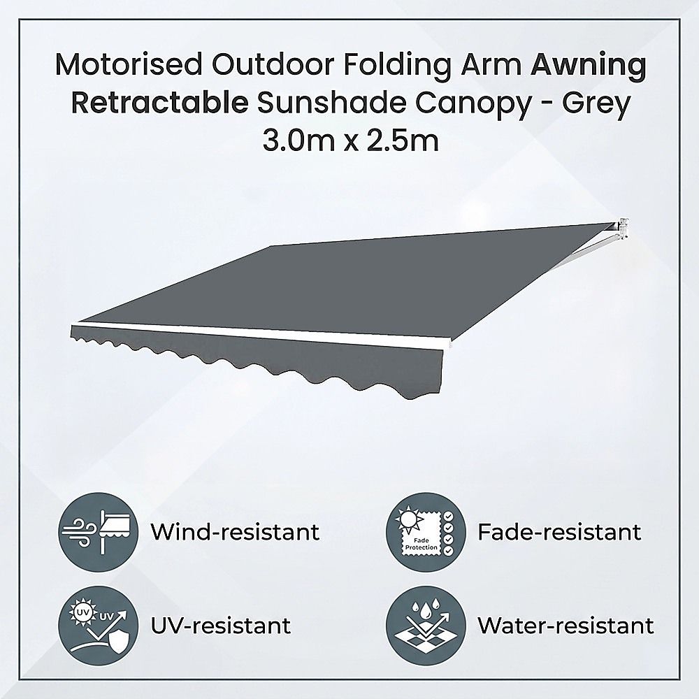 Outdoor Awning Motorised Folding Arm Retractable Sunshade Canopy 3.0m x 2.5m Grey