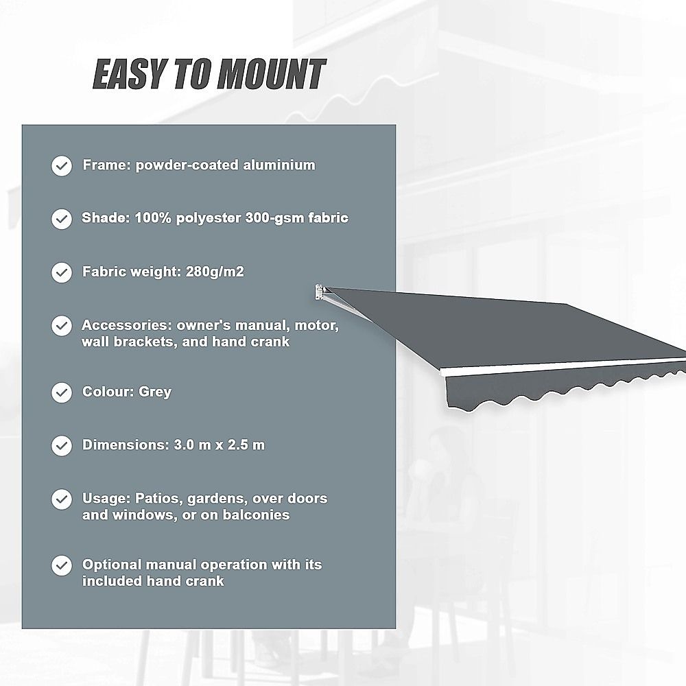 Outdoor Awning Motorised Folding Arm Retractable Sunshade Canopy 3.0m x 2.5m Grey