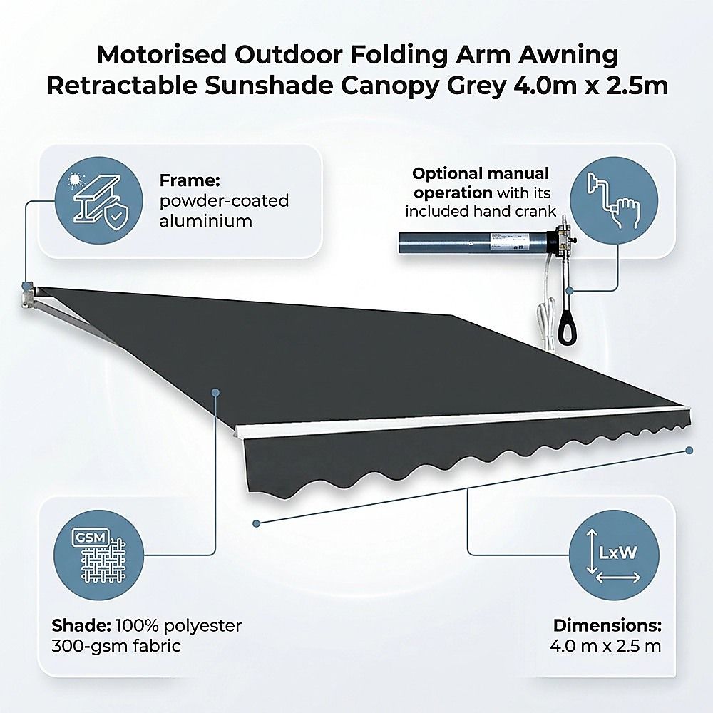 Outdoor Awning Motorised Folding Arm Retractable Sunshade Canopy 4.0m x 2.5m Grey