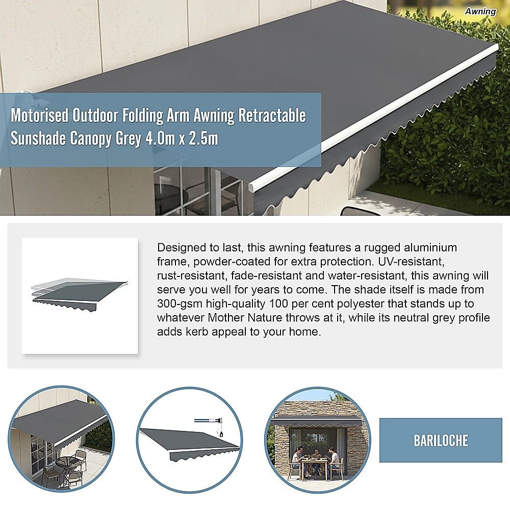 Outdoor Awning Motorised Folding Arm Retractable Sunshade Canopy 4.0m x 2.5m Grey