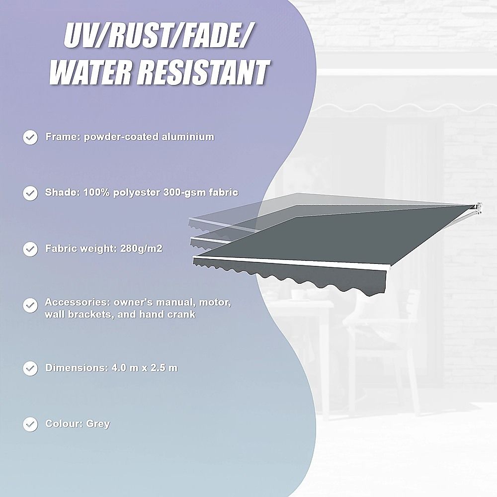 Outdoor Awning Motorised Folding Arm Retractable Sunshade Canopy 4.0m x 2.5m Grey