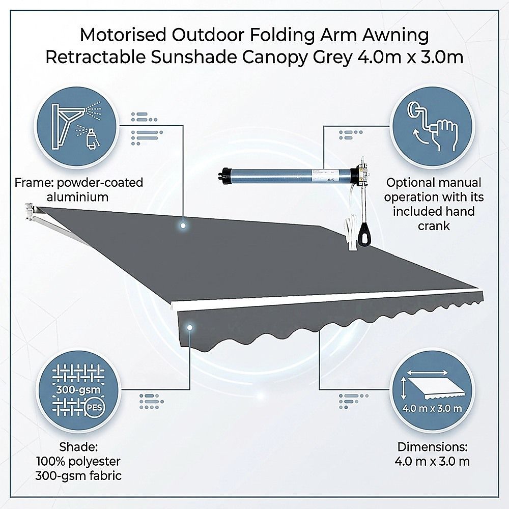 Folding Arm Awning Motorised Outdoor Retractable Sunshade Canopy Grey 4.0m x 3.0m