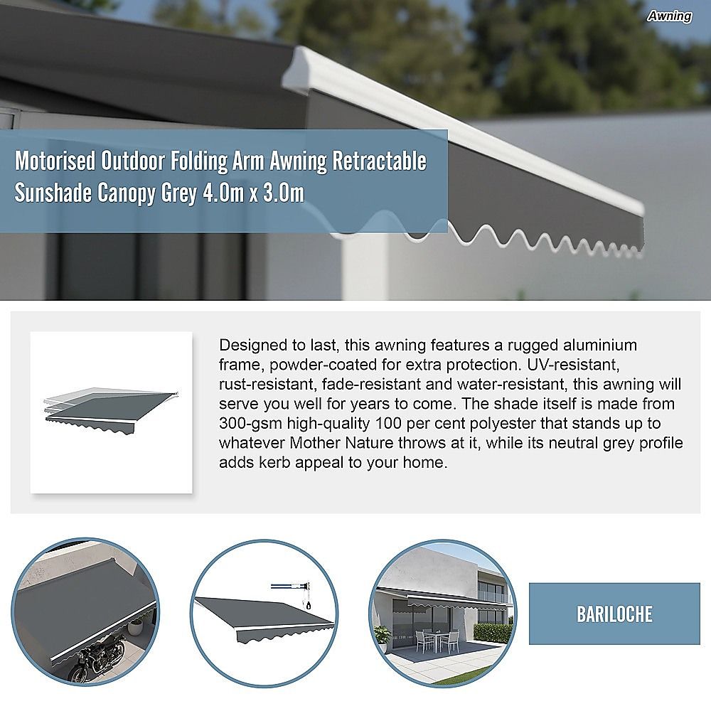 Folding Arm Awning Motorised Outdoor Retractable Sunshade Canopy Grey 4.0m x 3.0m