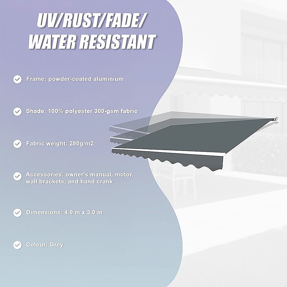 Folding Arm Awning Motorised Outdoor Retractable Sunshade Canopy Grey 4.0m x 3.0m
