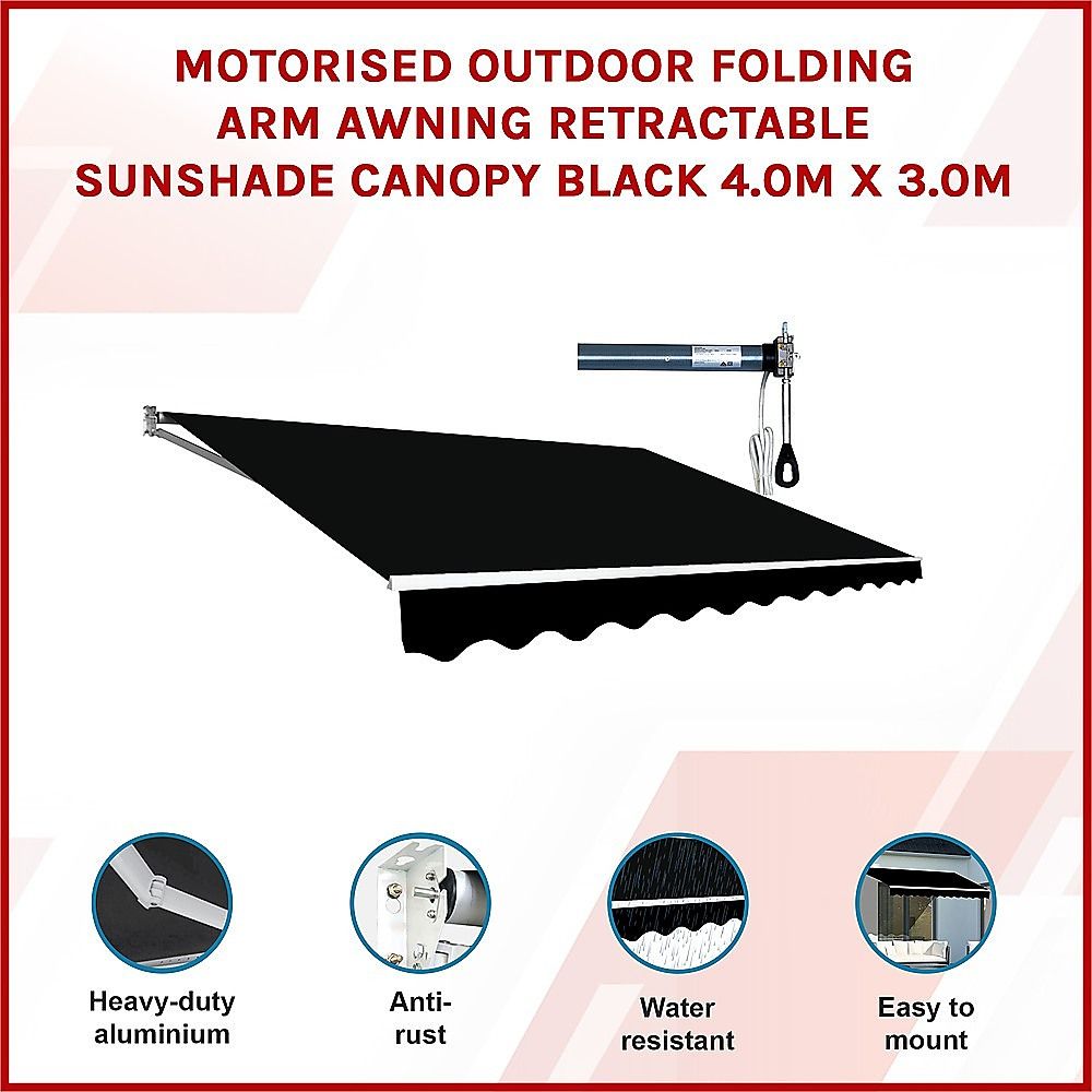 Folding Arm Awning Motorised Outdoor Retractable Sunshade Canopy Black 4.0m x 3.0m