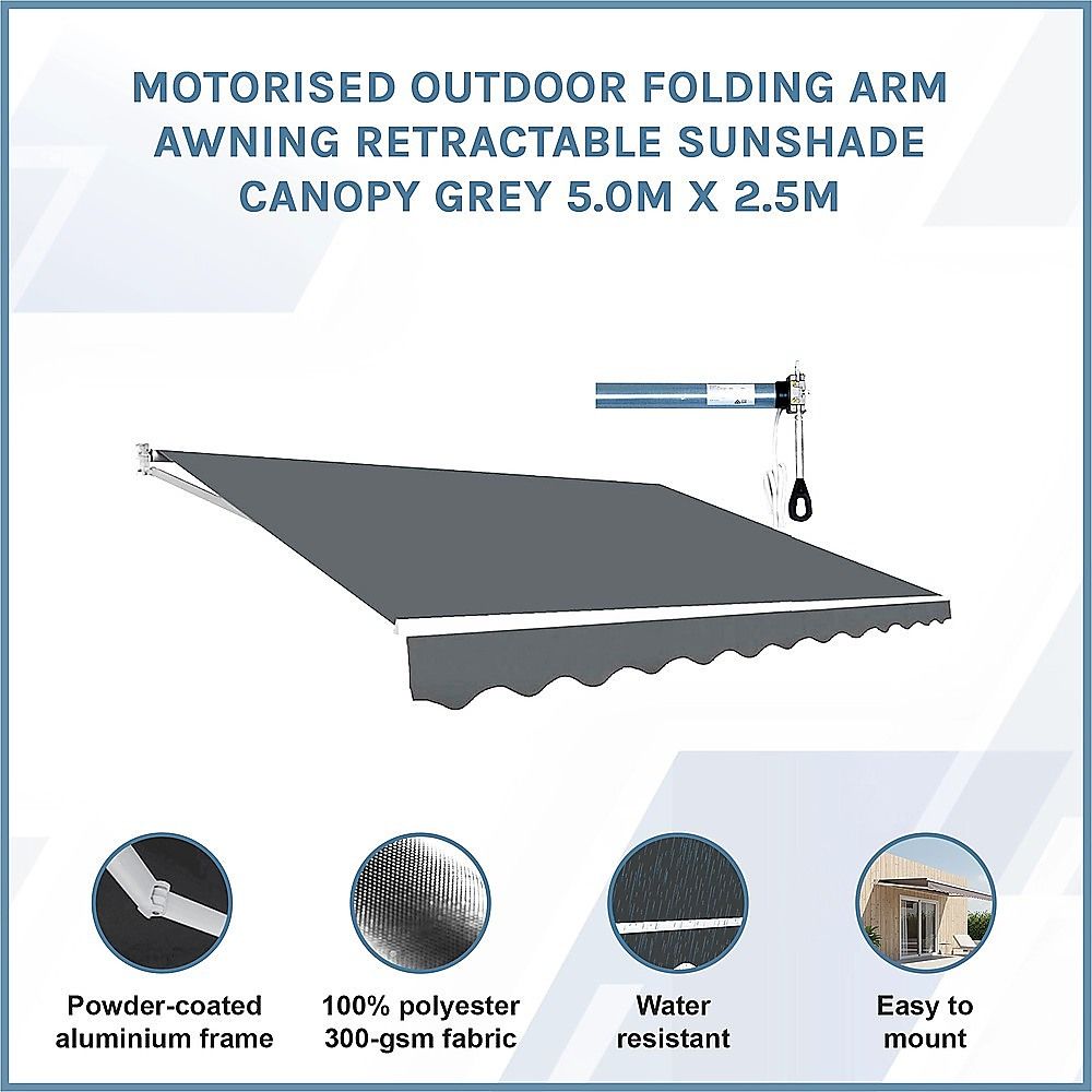Folding Arm Awning Motorised Outdoor Retractable Sunshade Canopy Grey 5.0m x 2.5m