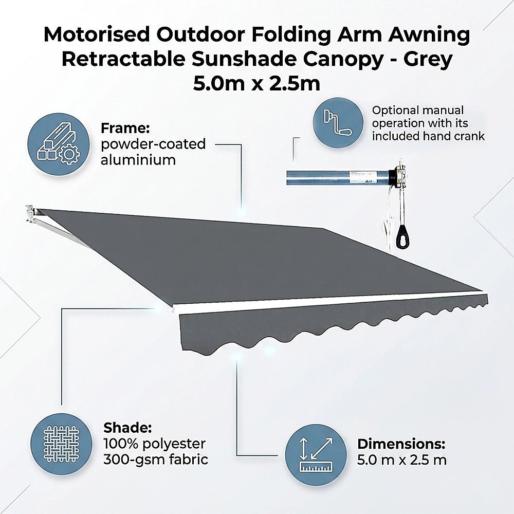 Folding Arm Awning Motorised Outdoor Retractable Sunshade Canopy Grey 5.0m x 2.5m