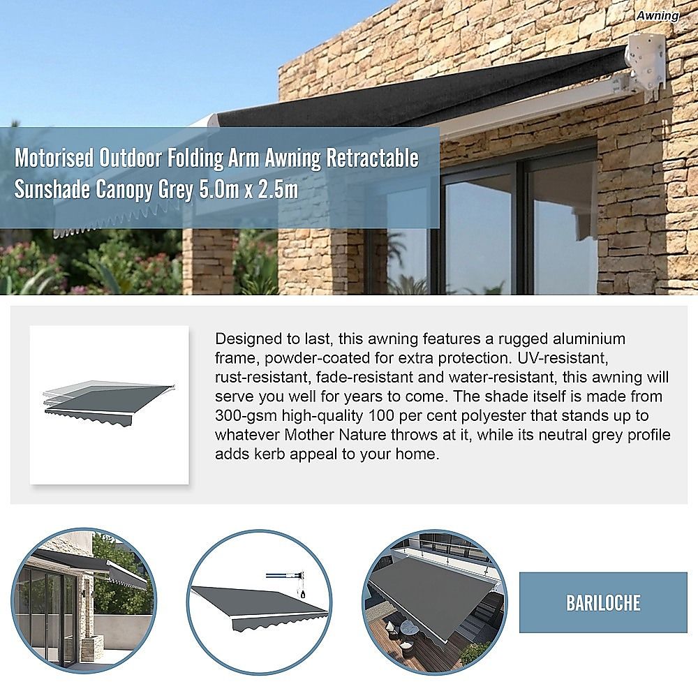 Folding Arm Awning Motorised Outdoor Retractable Sunshade Canopy Grey 5.0m x 2.5m