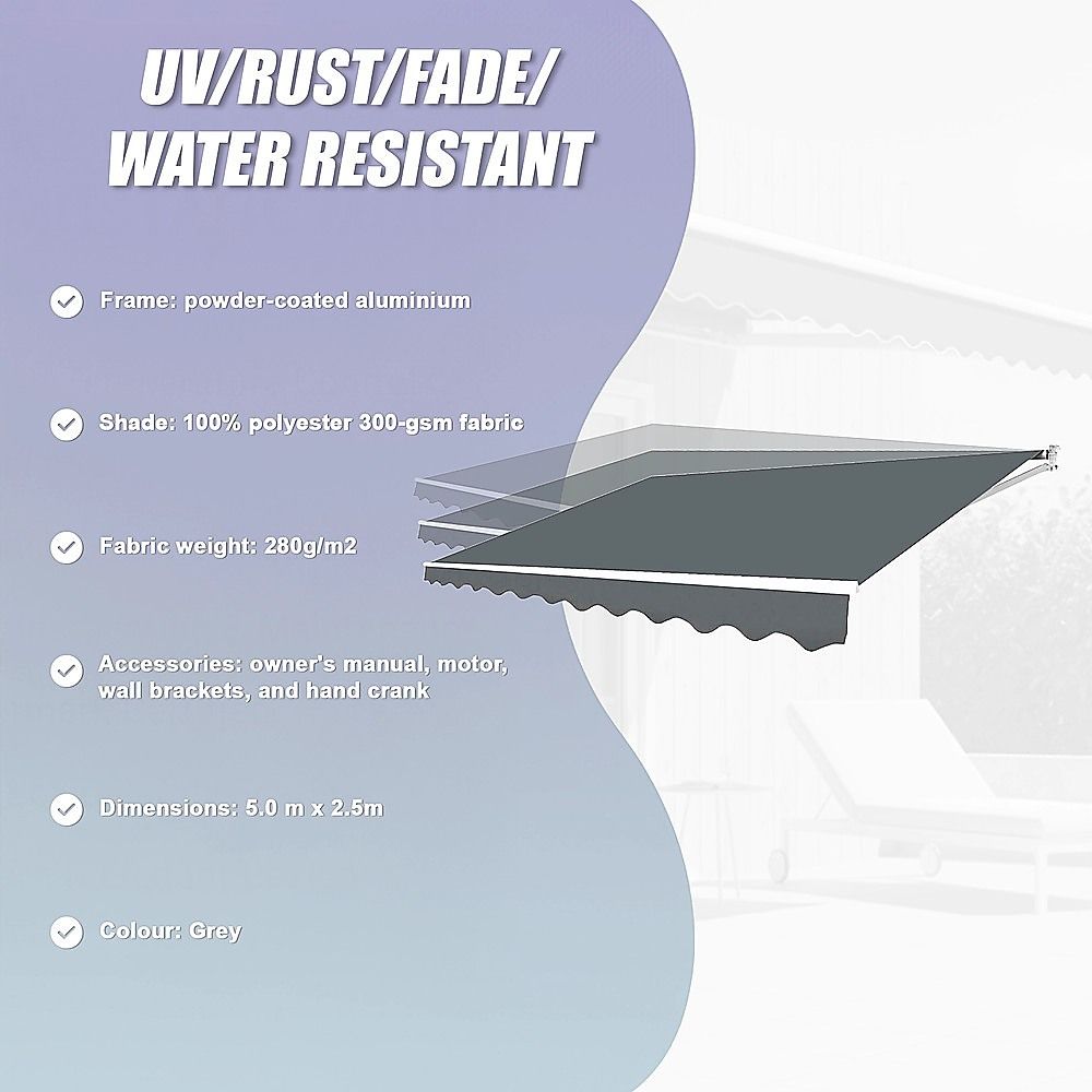 Folding Arm Awning Motorised Outdoor Retractable Sunshade Canopy Grey 5.0m x 2.5m