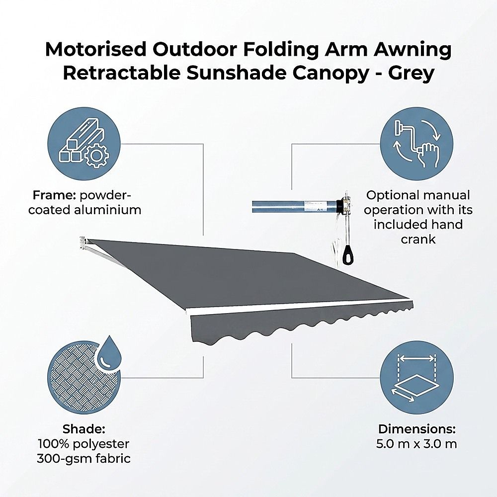 Folding Arm Awning Motorised Outdoor Retractable Sunshade Canopy Grey 5.0m x 3.0m