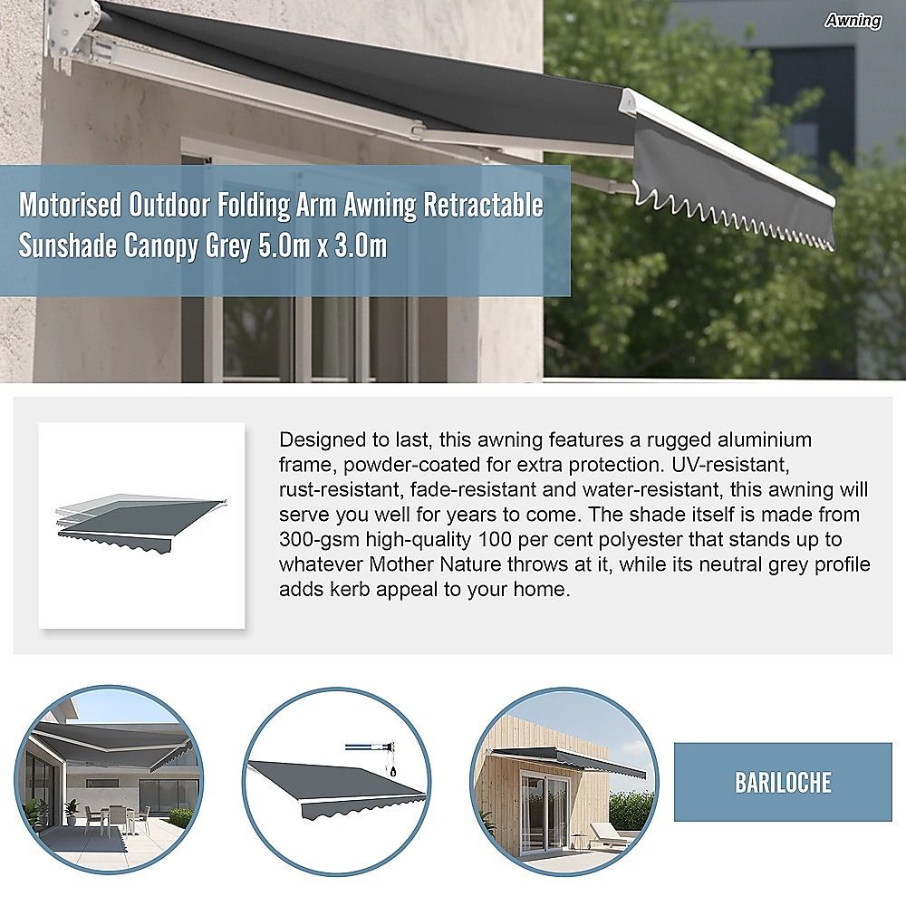 Folding Arm Awning Motorised Outdoor Retractable Sunshade Canopy Grey 5.0m x 3.0m