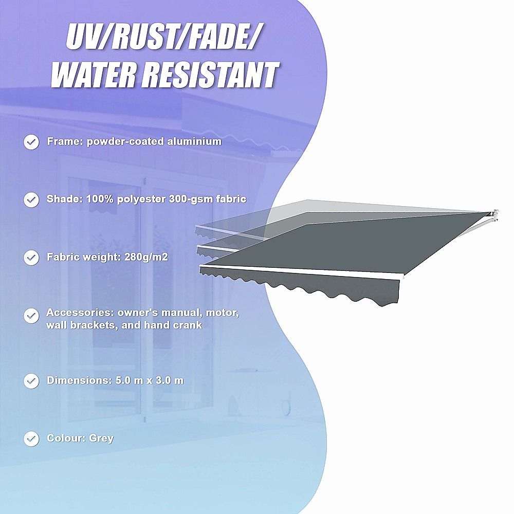 Folding Arm Awning Motorised Outdoor Retractable Sunshade Canopy Grey 5.0m x 3.0m