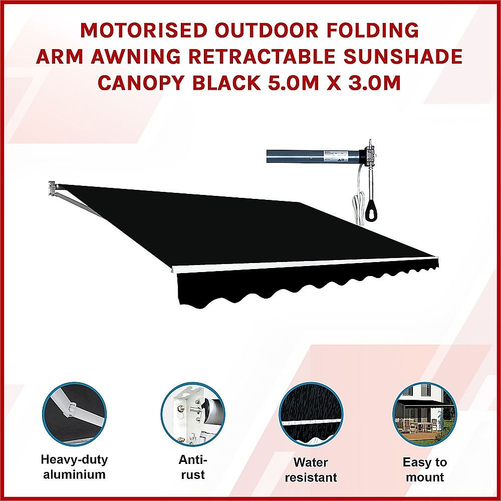 Folding Arm Awning Motorised Outdoor Retractable Sunshade Canopy Black 5.0m x 3.0m