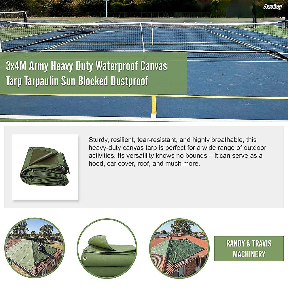 Canvas Tarp Tarpaulin 3x4M Army Heavy Duty Waterproof Sun Blocked Dustproof