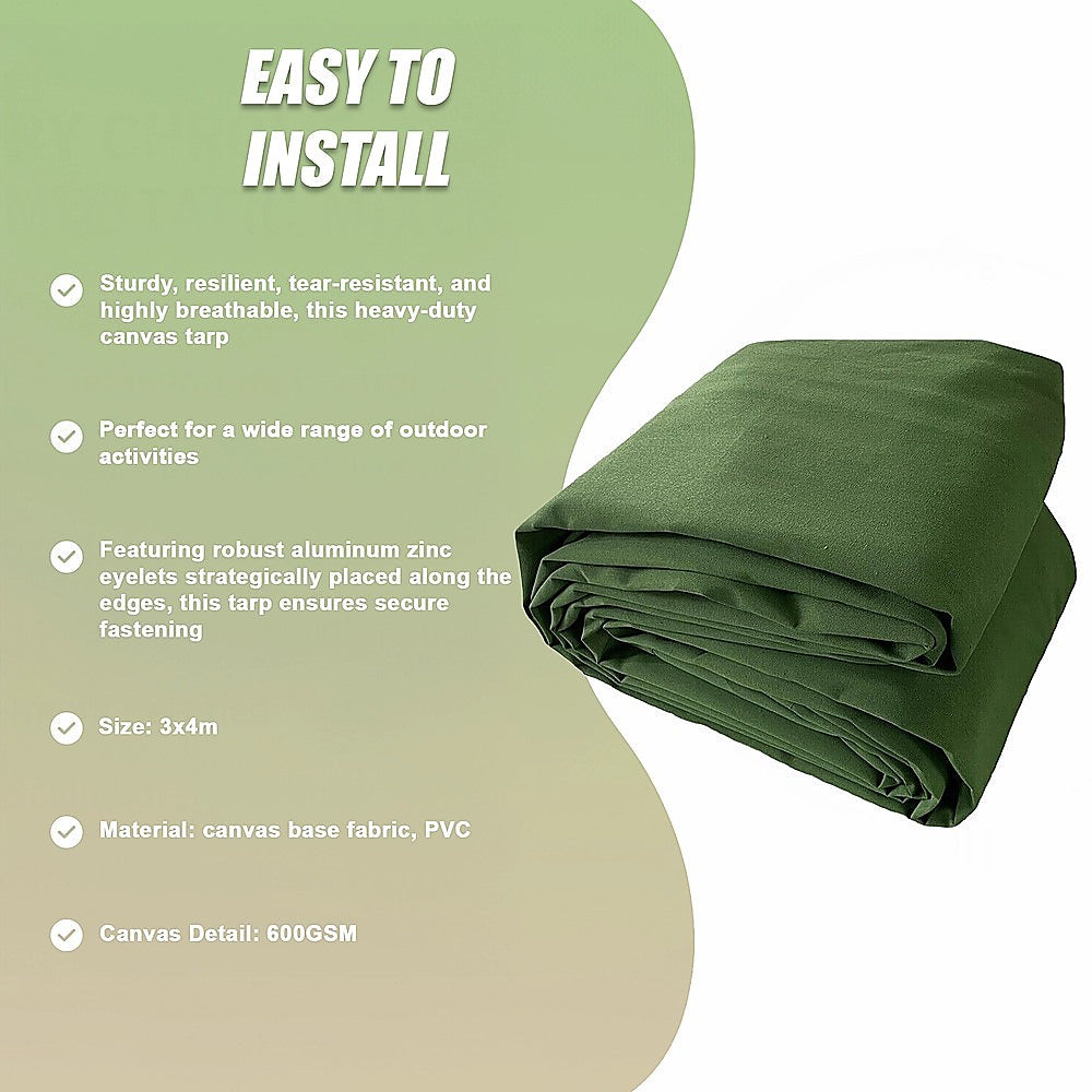 Canvas Tarp Tarpaulin 3x4M Army Heavy Duty Waterproof Sun Blocked Dustproof