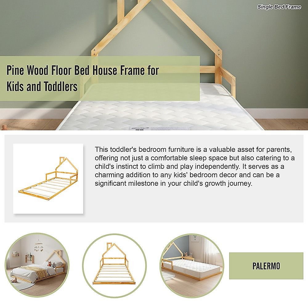 Floor Bed House Frame Pine Wood for Kids and Toddlers