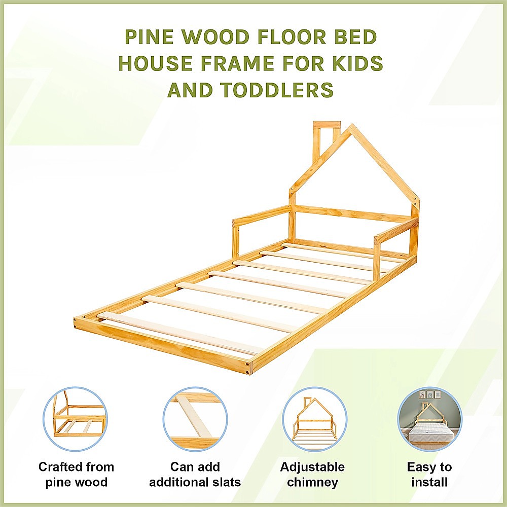 Floor Bed House Frame Pine Wood for Kids and Toddlers