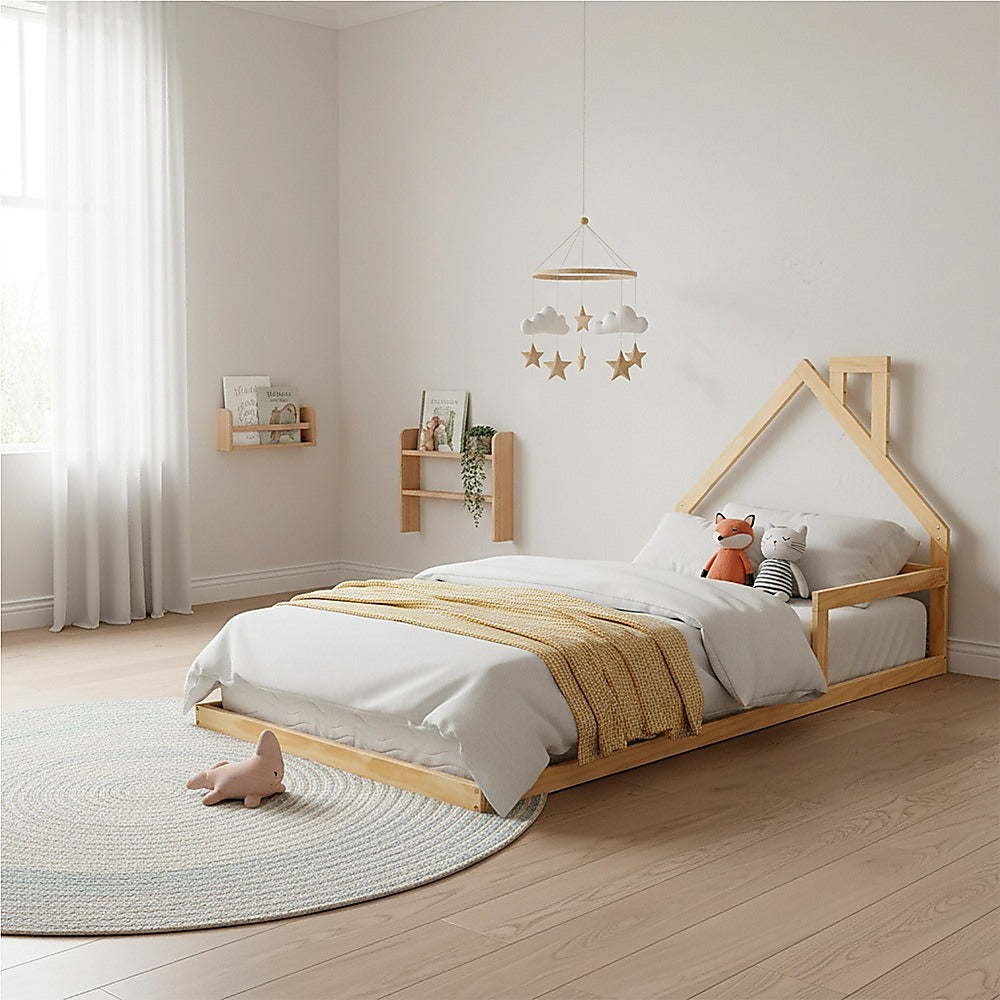 Floor Bed House Frame Pine Wood for Kids and Toddlers