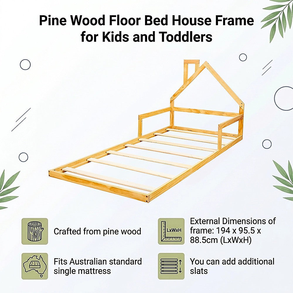 Floor Bed House Frame Pine Wood for Kids and Toddlers