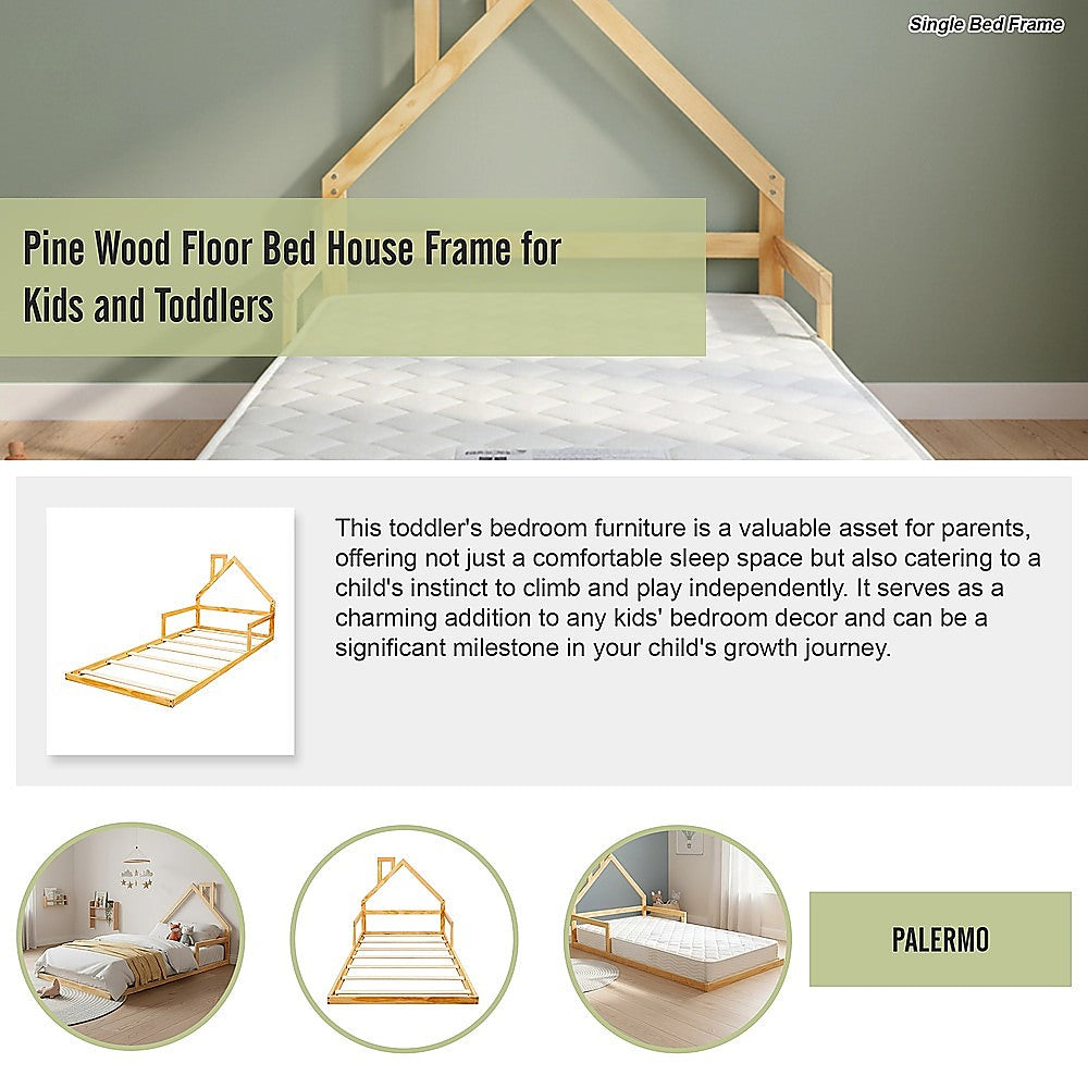 Floor Bed House Frame Pine Wood for Kids and Toddlers