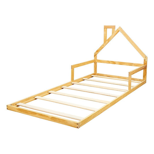 Pine Wood Floor Bed House Frame for Kids and Toddlers