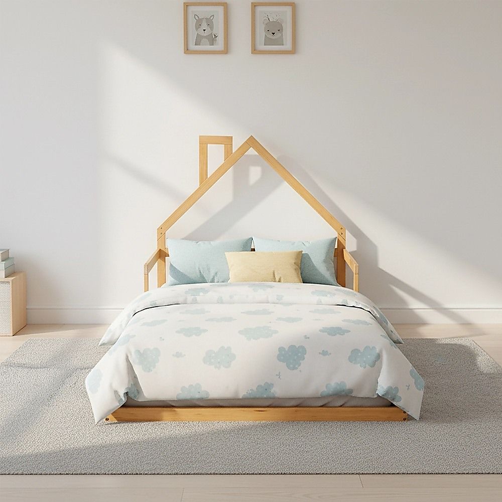 Floor Bed House Frame Pine Wood for Kids and Toddlers